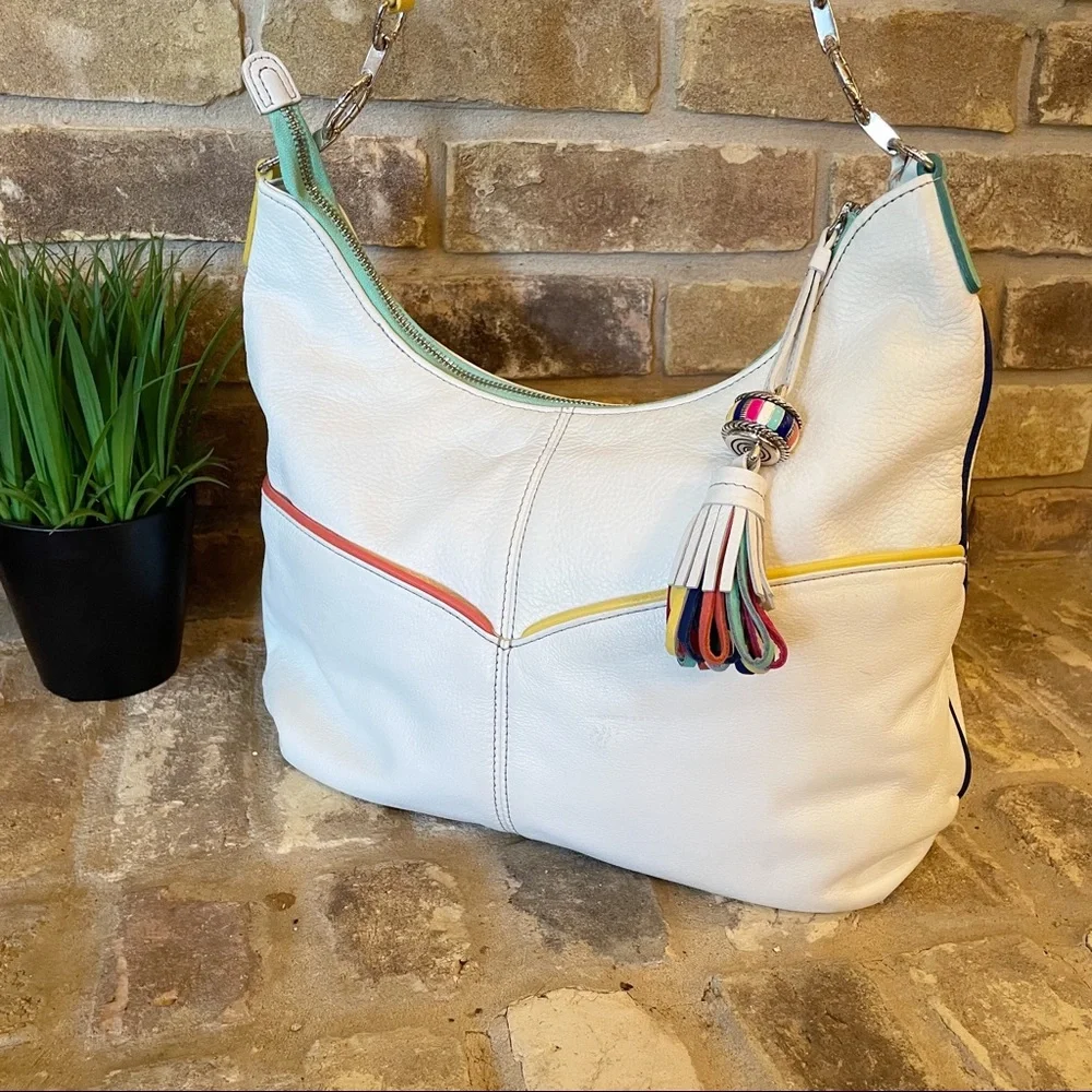White Leather Hobo Bag with Multicolor Trim